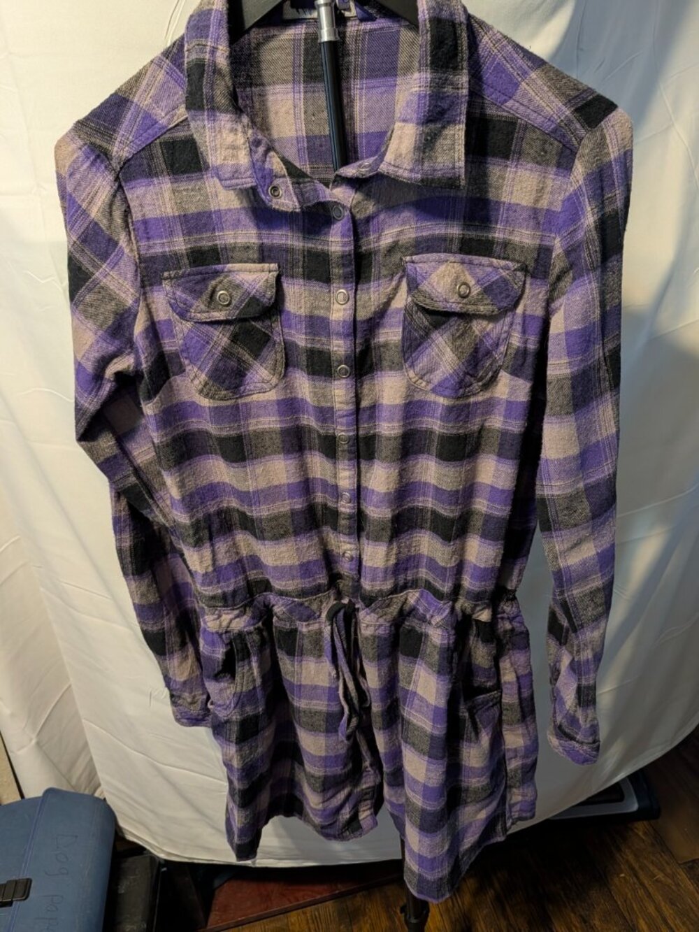 Miley Cyrus Max Azria Plaid Shirt Dress Purple Black Size L Flannel Y2K Vintage